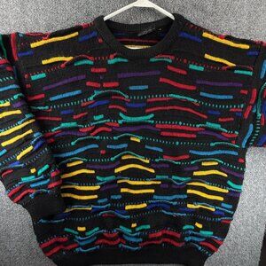 COOGI Australia Pure Wool Pullover 90s Sweater Black Colorful XL Adult Crew Neck
